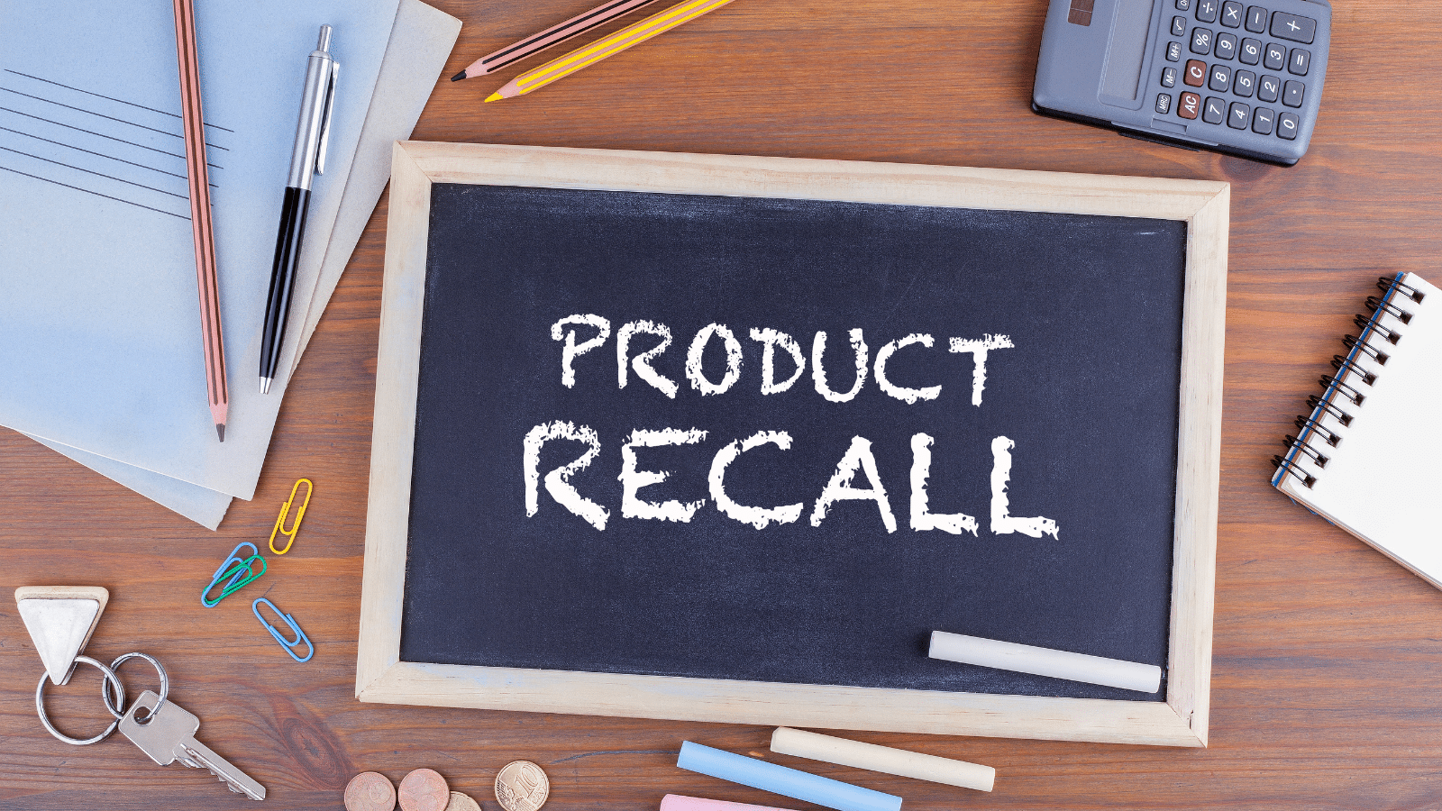 A chalkboard with the words “PRODUCT RECALL” written in white chalk is surrounded by office supplies, including a calculator, notepad, folders, pens, keys, coins, and paper clips on a wooden desk.