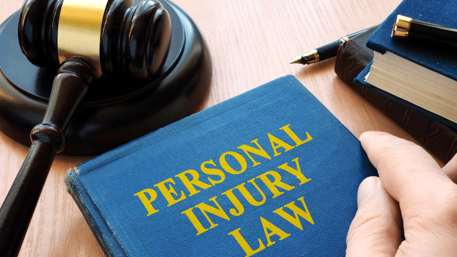 A hand rests on a blue book titled Personal Injury Law, next to a judges gavel, a pen, and another book on a wooden desk.