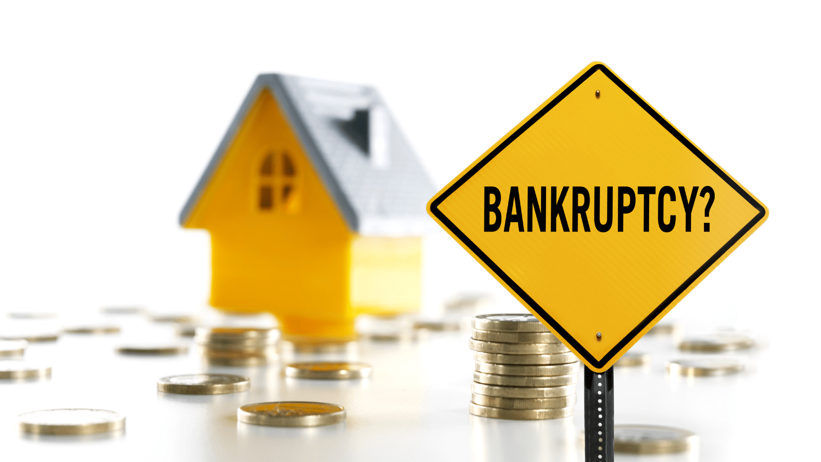 A yellow road sign with the word Bankruptcy? stands in front of a small model house and scattered coins, symbolizing financial trouble related to housing or mortgages.