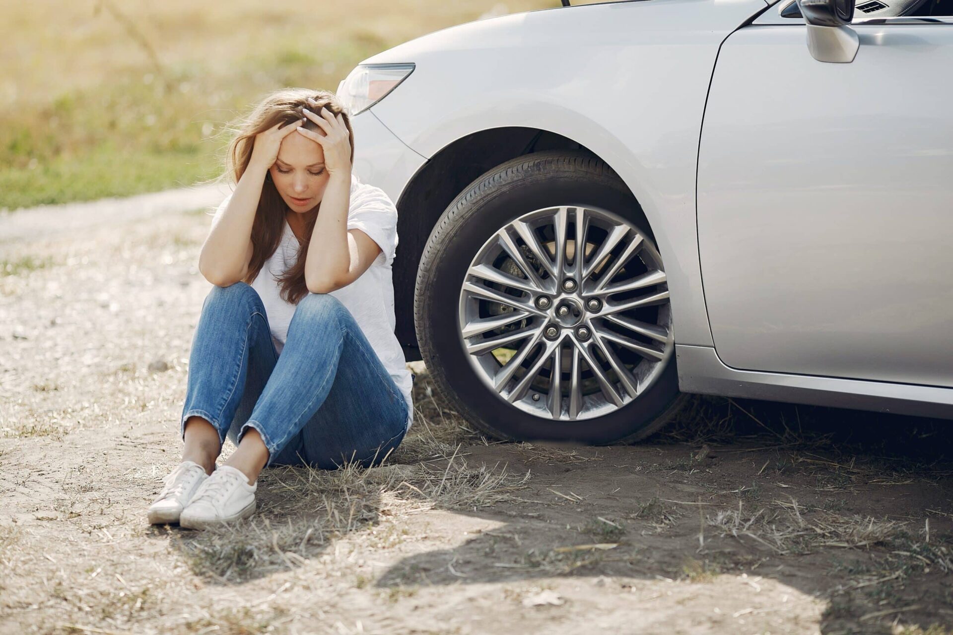 A distressed woman sits on the ground, holding her head in her hands next to the front wheel of a silver car, suggesting she may be experiencing car trouble or an upsetting situation.