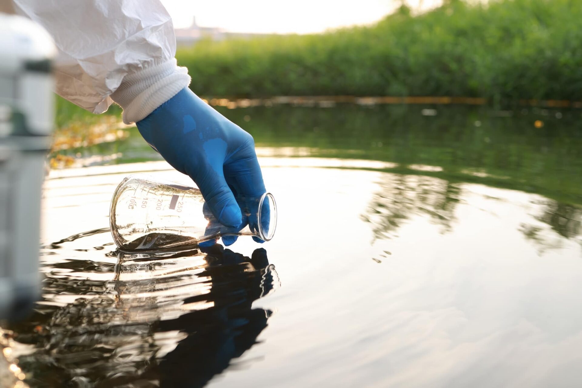 a hand with a blue glove dips a beaker into a river to test water.