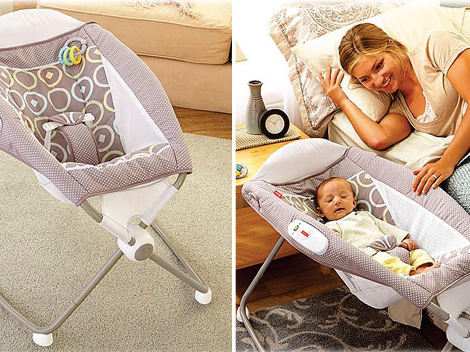 A baby bassinet with a patterned fabric is shown empty on the left. On the right, a woman smiles while lying on a couch next to a baby resting comfortably in the same bassinet.