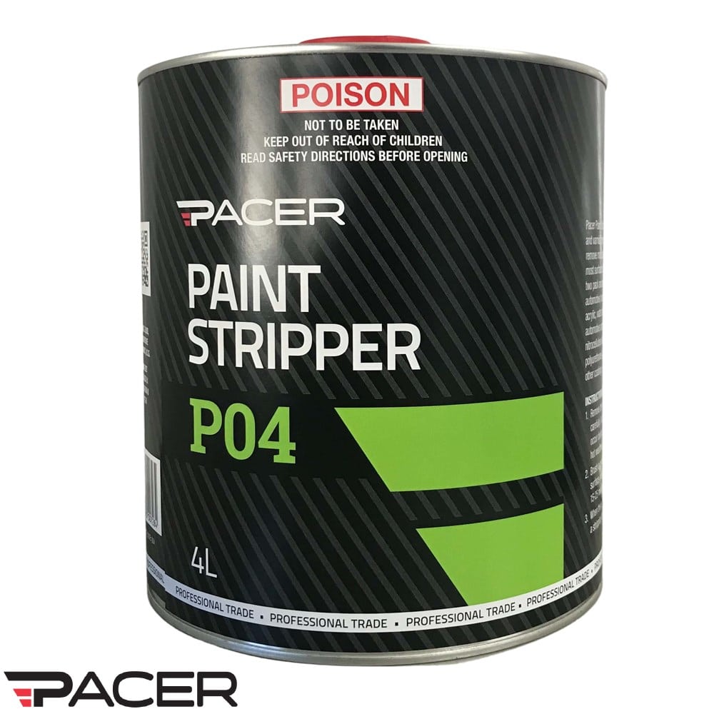 A 4-liter metal can of Pacer Paint Stripper P04 with a black and green label. The word POISON is at the top in red, and safety warnings are visible. The Pacer logo appears in the bottom left corner.