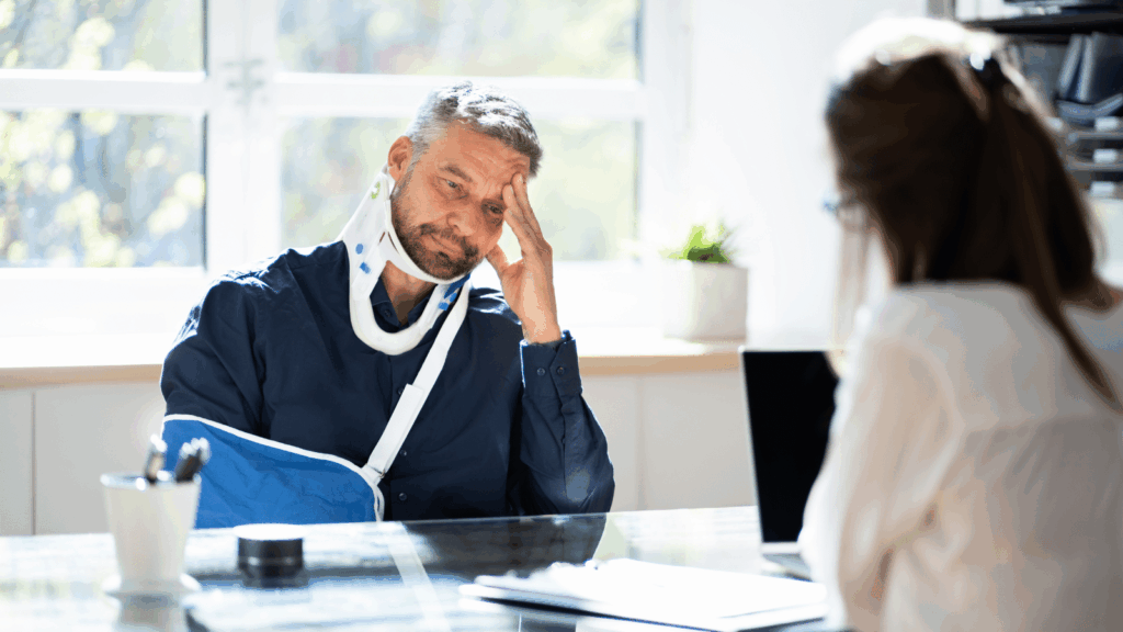 A man with a neck brace and arm sling sits at a desk, looking distressed, across from a woman who appears to be consulting with him in an office setting.