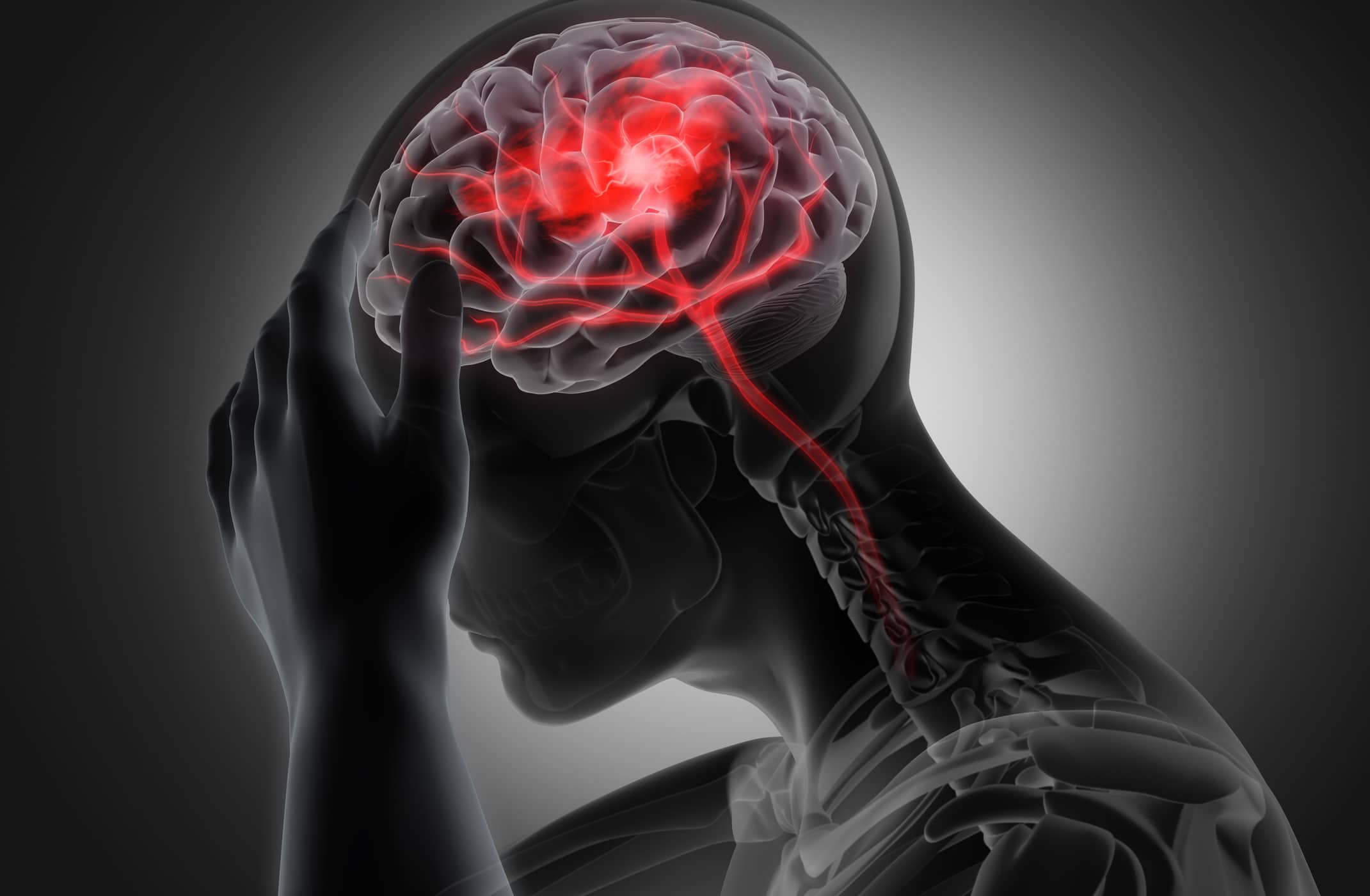 A semi-transparent illustration of a person holding their head in pain, with the brain and spinal cord highlighted in red, suggesting discomfort or a neurological issue.