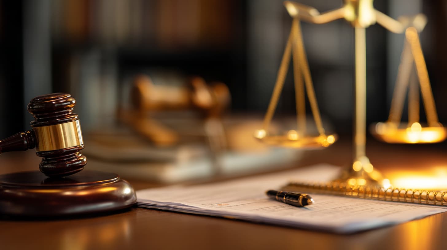 A wooden judge’s gavel, a gold scale of justice, papers, and a pen rest on a desk in a dimly lit legal office, with a Payout Workers Comp Settlement Chart visible in the background.
