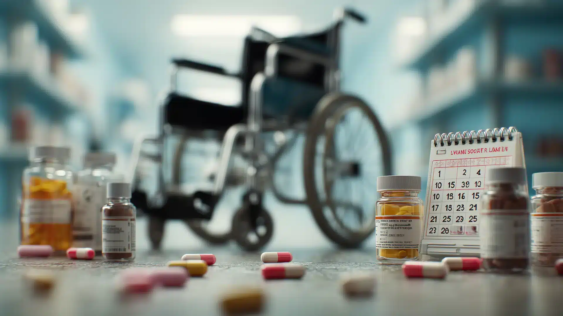 A wheelchair is blurred in the background of a pharmacy. In the foreground are pill bottles, scattered capsules, and a calendar, emphasizing medication management and mobility aids.