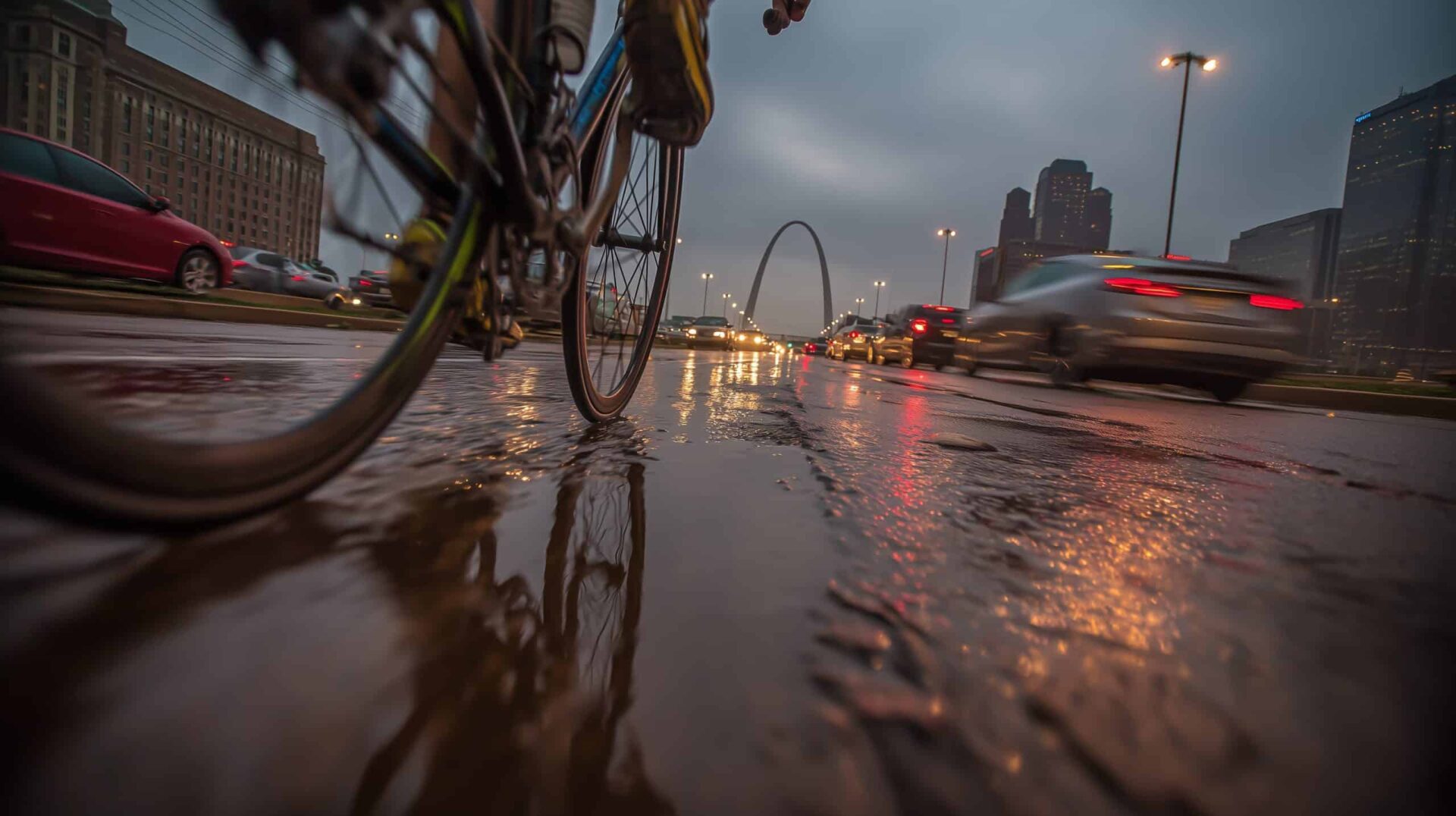 Close-up view of a bicycle wheel on a wet city street at dusk, with reflections on the pavement. The St. Louis Gateway Arch and tall buildings are visible in the background, along with blurred passing cars.