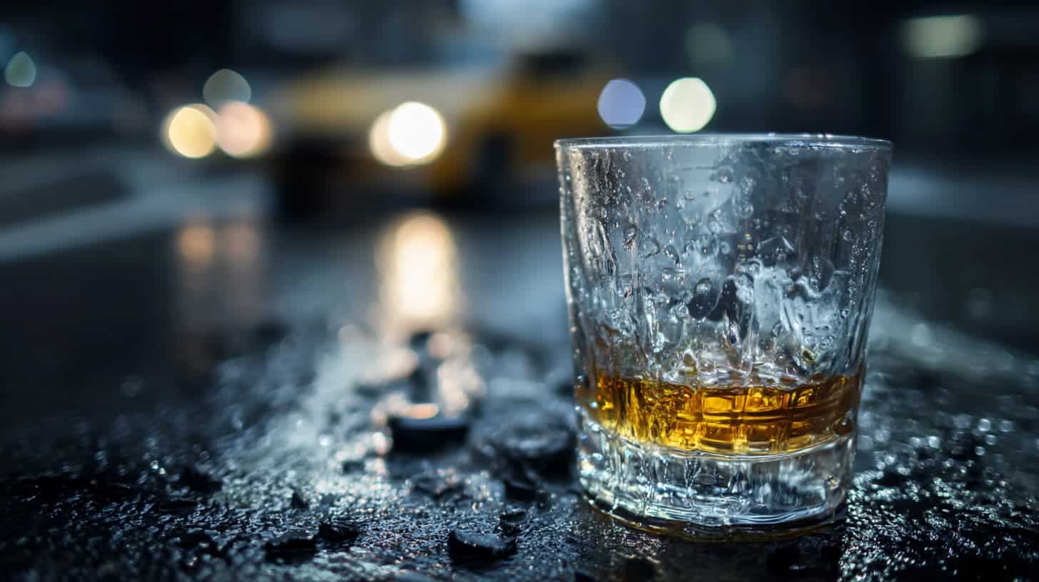 A close-up of a wet glass with amber liquor sits on a rain-soaked street at night, with a blurred car and headlights in the background.