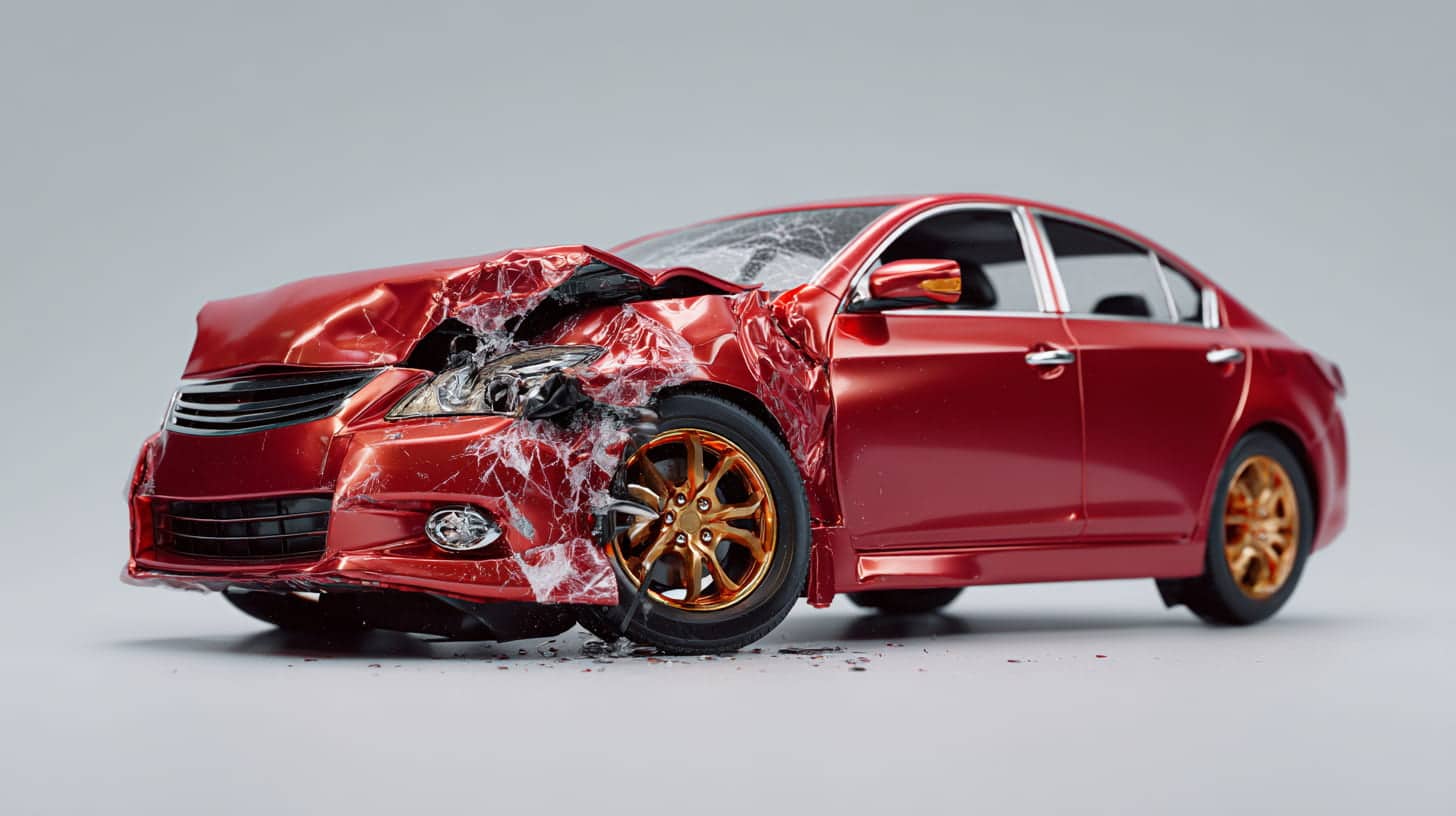 A red car with gold rims is heavily damaged at the front, with a crumpled hood and broken windshield, indicating a recent collision; the background is plain light gray.