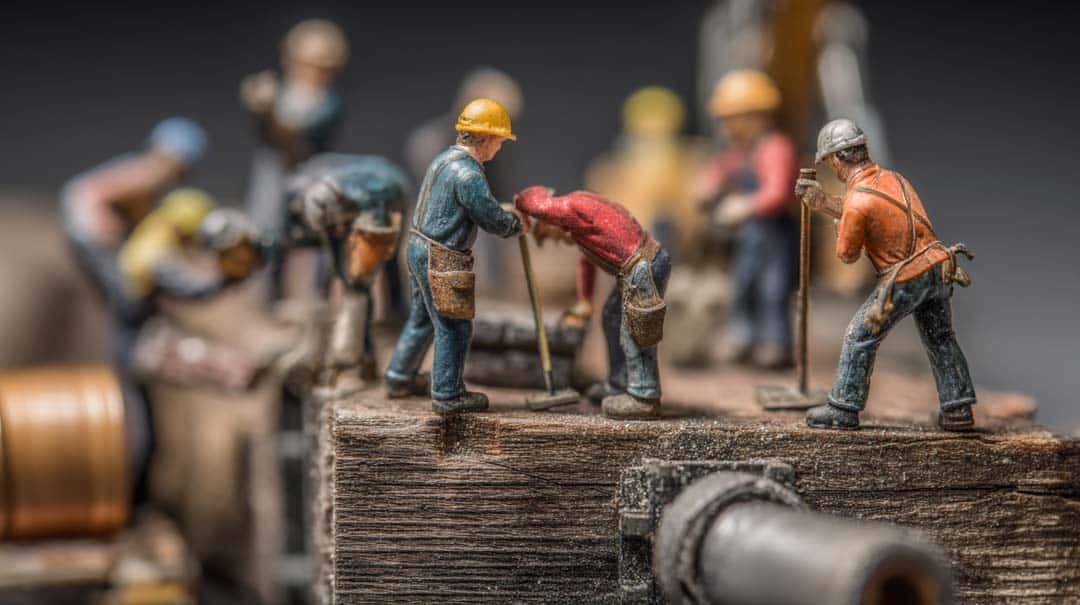 Miniature figurines of construction workers wearing hard hats and safety gear, posed as if working on a wooden platform with tools and equipment, creating a detailed diorama of a construction scene.