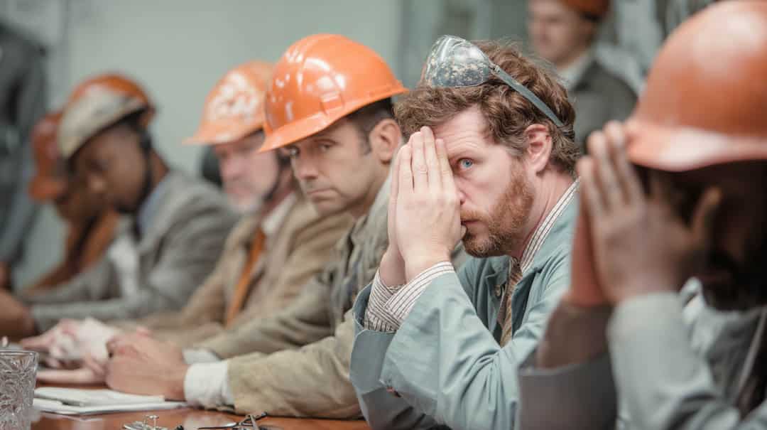 A group of workers in orange hard hats sit at a table, looking serious and concerned. One man in the foreground covers part of his face with his hands, while others focus intently ahead.