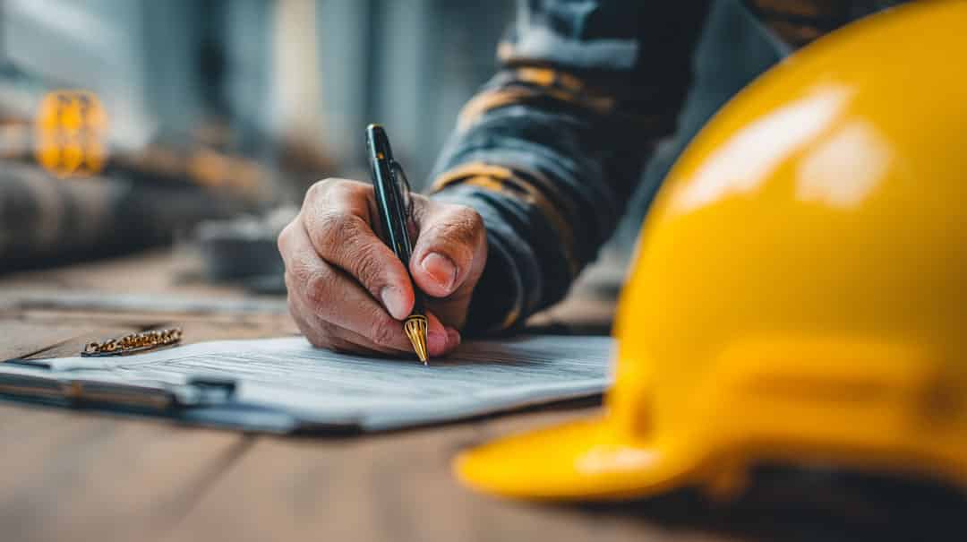 A person writes on a clipboard with a pen, while a yellow construction helmet rests on the wooden table beside them. The scene suggests a construction or inspection setting.