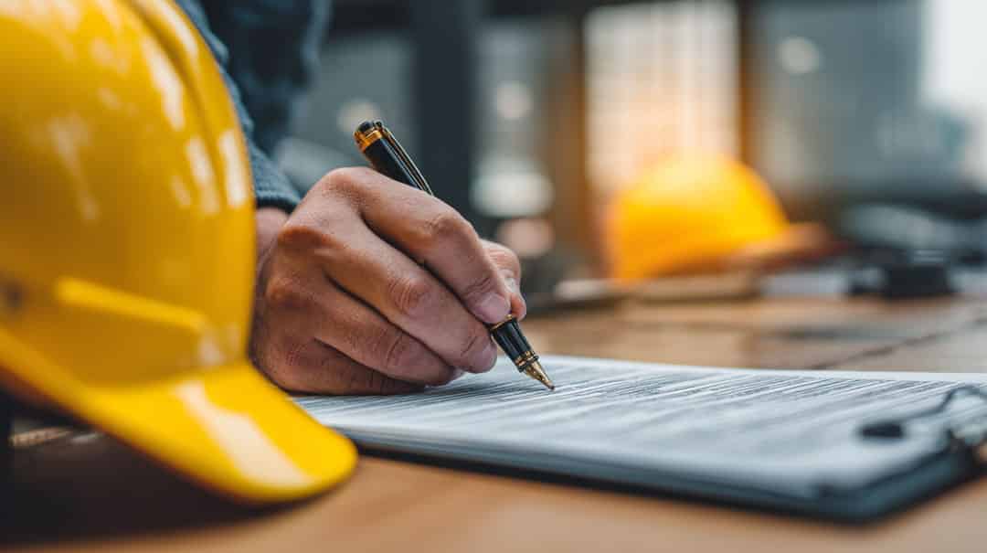 A person writes on a document with a pen at a desk, with a yellow hard hat placed beside them, suggesting a construction or engineering setting.