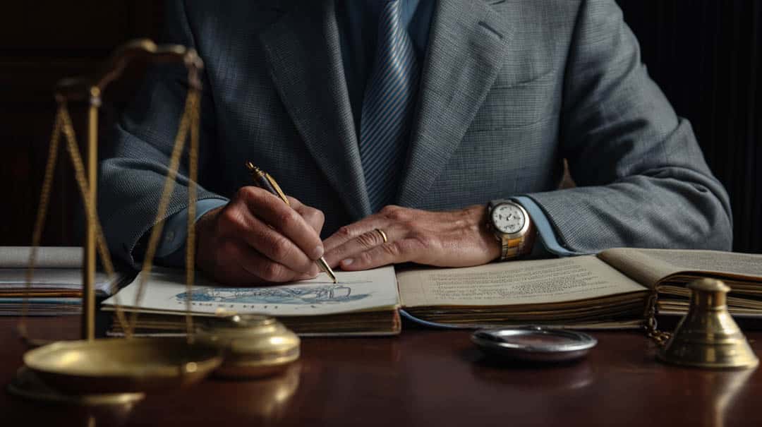 A person in a suit writes in a book at a desk, surrounded by legal objects including scales of justice, a gavel, and an open book.