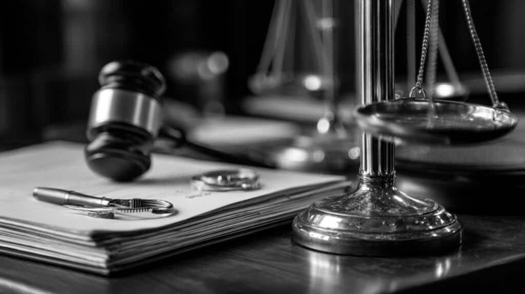 a gavel and scales on a table