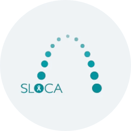 Teal circular dots form an arch above the letters “SLOCA,” with an awareness ribbon inside the letter “O.” The design is simple with a white background.