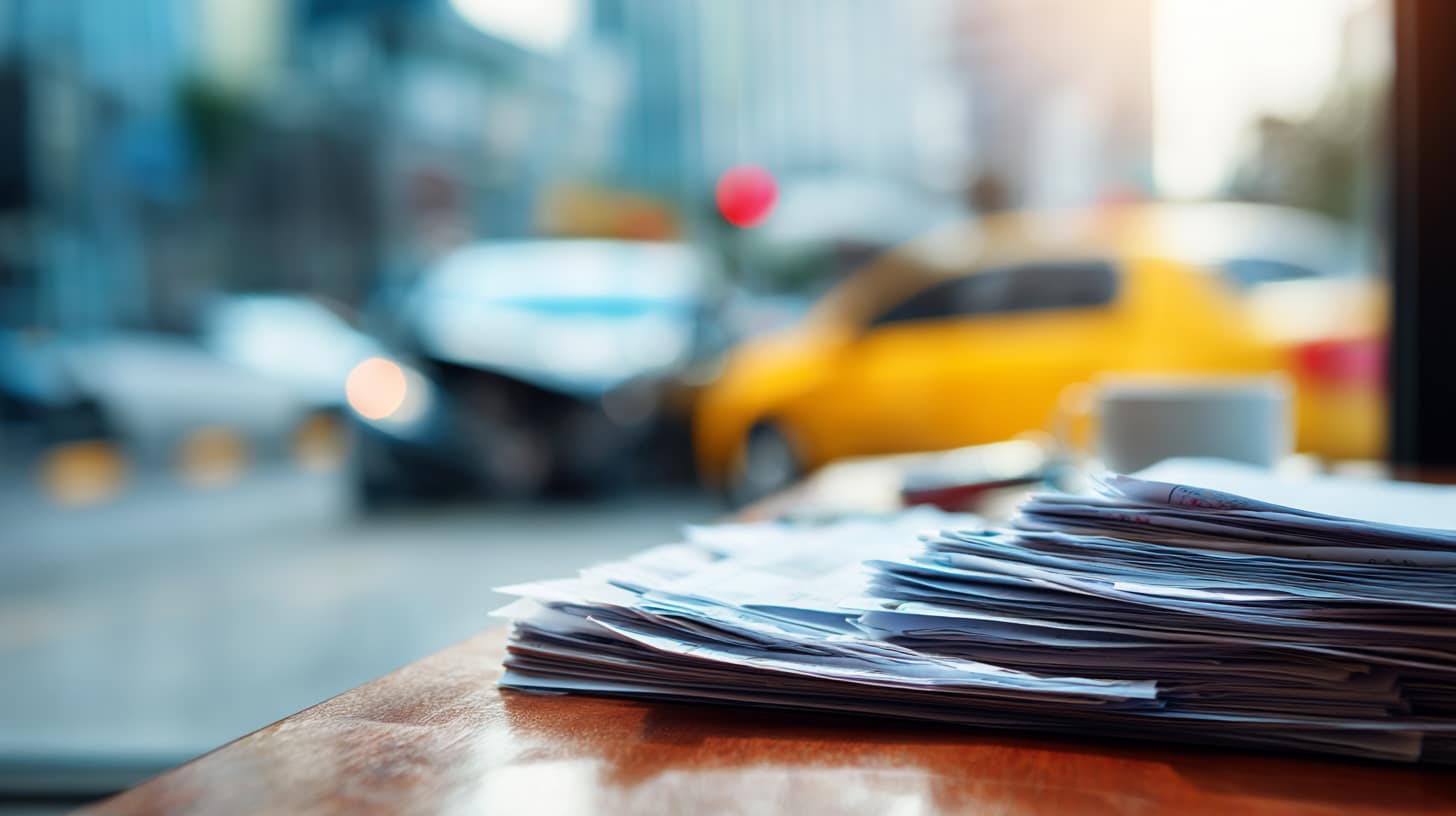A stack of paperwork sits on a wooden table, with a blurred view of a car accident and a yellow taxi outside the window in the background.