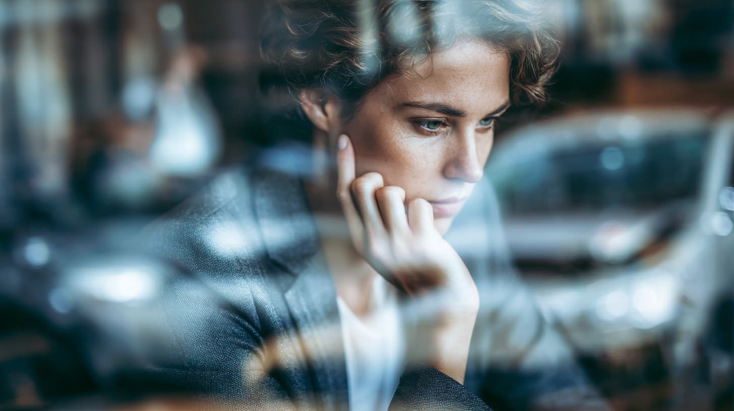 A person with short curly hair sits indoors, resting their chin on their hand and looking thoughtfully ahead. The  is seen through a window, causing reflections and a slightly blurred, layered effect.