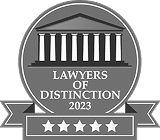 Gray badge with an image of a courthouse, text reading Lawyers of Distinction 2023, and a ribbon displaying five white stars at the bottom.