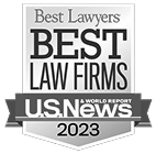A grayscale badge reads Best Lawyers, Best Law Firms, U.S. News & World Report, 2023.