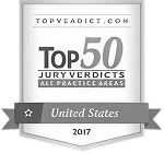 A silver and white badge that reads TopVerdict.com Top 50 Jury Verdicts All Practice Areas, United States, 2017 with a star on a ribbon at the bottom.