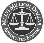 Circular logo with a balanced scale in the center. Surrounding text reads Multi-Million Dollar Advocates Forum. The design is in shades of black, white, and gray.