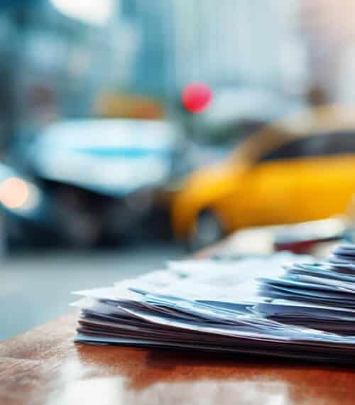 A stack of papers on a table.