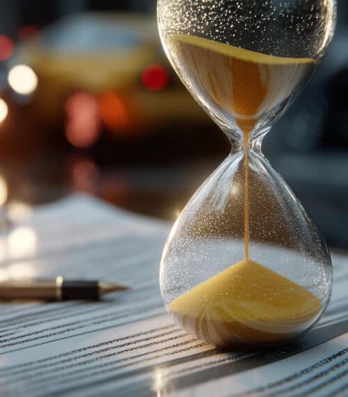 A close-up of an hourglass with yellow sand running through it, placed on a document next to a pen. The background shows blurred lights and shapes, possibly a car, giving a sense of urgency or waiting.