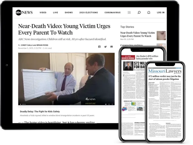 A computer screen and two smartphones display news articles, including one from ABC News titled Near-Death Video: Young Victim Urges Every Parent To Watch, with an image of two men examining window blinds.