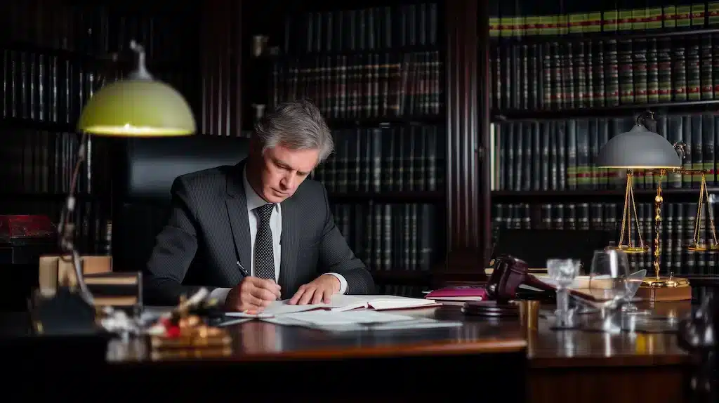 A man in a suit sits at a desk in a law library, writing in a book. Shelves of legal books fill the background. The desk has papers, a lamp, a gavel, and scales of justice.