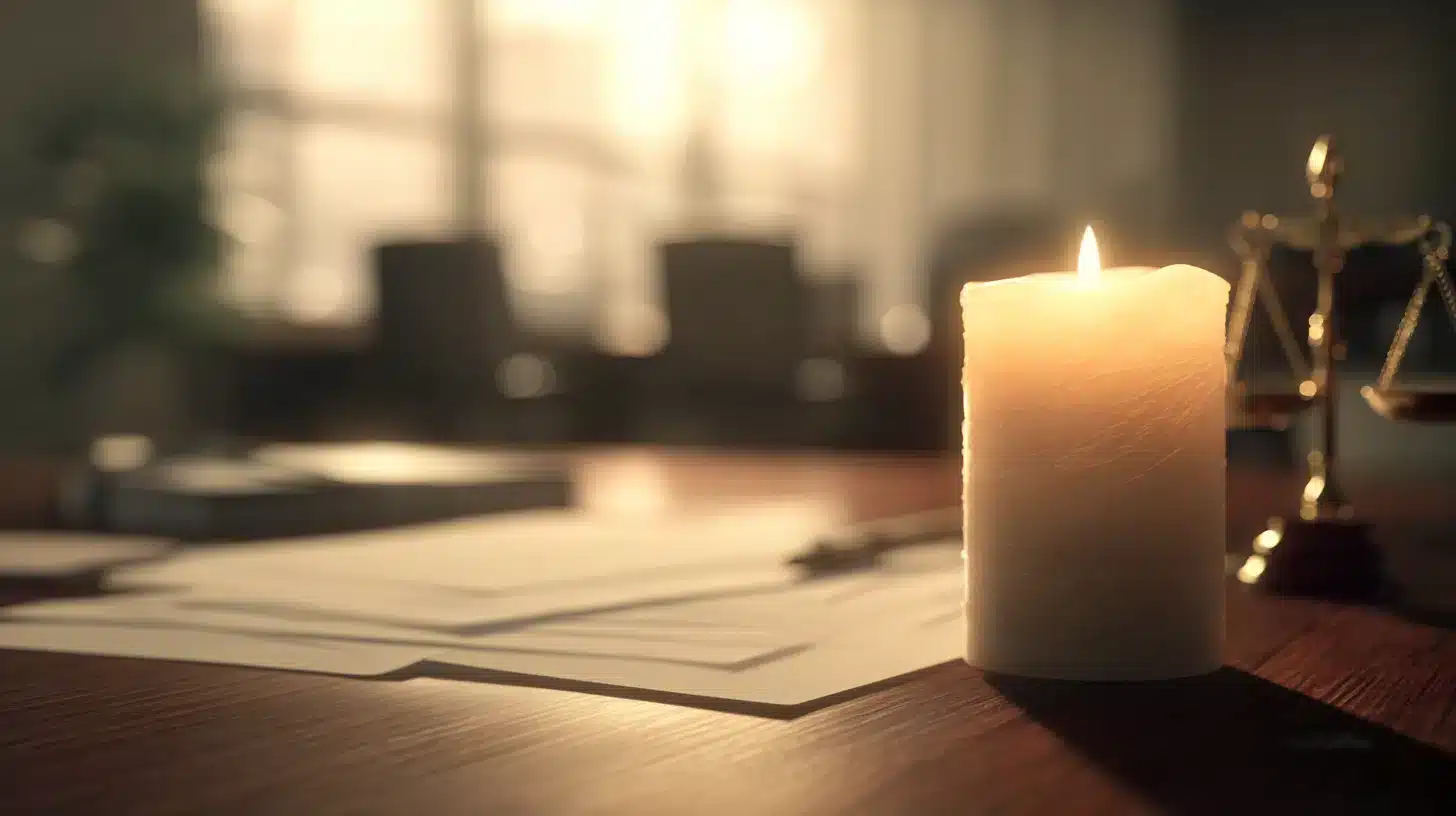 A lit candle sits on a wooden desk with scattered papers, books, and a small scale of justice in the background, softly illuminated by warm natural light from a window.
