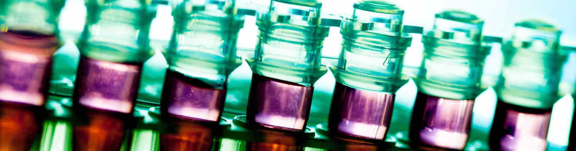 Close-up of several transparent laboratory vials filled with purple and pink liquid, arranged in a row, with a blurred background.