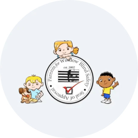 Three cartoon children surround a circular Seal of Approval logo for the Window Blind Safety organization, featuring a window with blinds and a checkmark symbol.