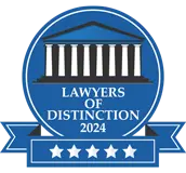 Blue circular badge with a white columned building, text Lawyers of Distinction 2024, and a ribbon below featuring five white stars.