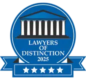 Blue circular badge with a white columned courthouse, the words Lawyers of Distinction 2025, and a banner at the bottom displaying five white stars.