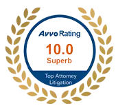A gold laurel wreath surrounds a blue badge that reads Avvo Rating 10.0 Superb in orange text, with Top Attorney Litigation at the bottom.