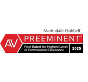 A Martindale-Hubbell 2025 AV Preeminent badge, indicating Peer Rated for Highest Level of Professional Excellence, with a red and black color scheme.