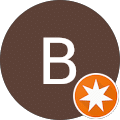 A brown circle with a large white letter B in the center. In the lower right corner, there is an orange circle with a white star inside.