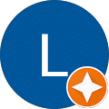 A blue circle with a white letter L in the center. In the bottom right corner, there is a smaller orange circle featuring a white star.