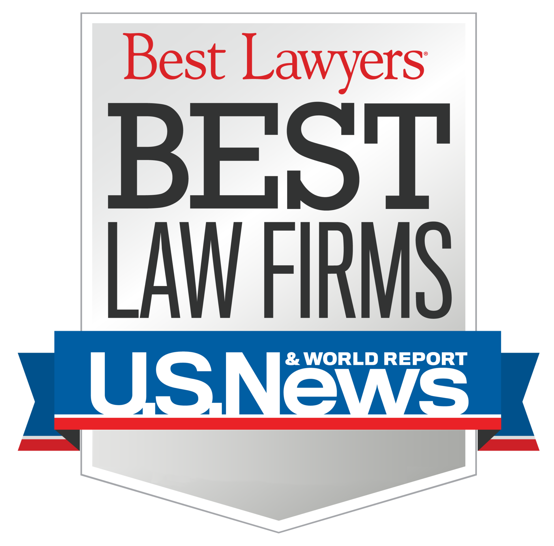 A badge displaying Best Lawyers Best Law Firms above a blue ribbon with U.S. News & World Report. The design features red, black, blue, and white colors with a gray shield background.