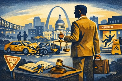 A lawyer stands with a briefcase and scales of justice, overlooking a cityscape with a car accident, courthouse, gavel, law book, and “Injured” sign, symbolizing legal work in personal injury cases.