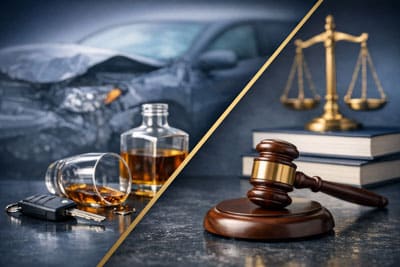 Split : Left side shows a crashed car, car keys, and spilled alcohol, symbolizing drunk driving. Right side features a judge’s gavel, legal books, and scales of justice, representing legal consequences.