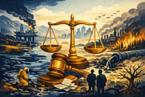 Justice scales over polluted landscape.