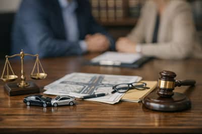 Two people sit at a desk with legal documents, a gavel, scales of justice, eyeglasses, and toy cars, suggesting a discussion about a legal or insurance issue involving a car accident.