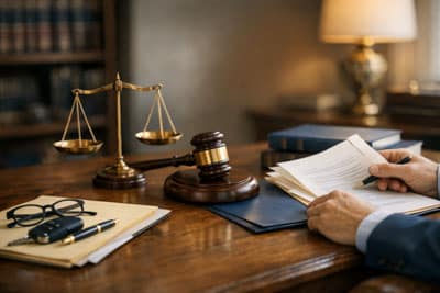 Legal documents on a wooden desk