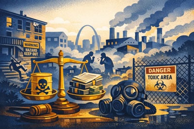 An illustrated scene showing a polluted city with factories, smoke, warning signs, a scale weighing toxic waste against money and documents, gas masks, and people arguing, highlighting environmental hazards and public health risks.