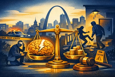 A stylized illustration shows a cityscape with a police line, a scale balancing a cracked brain against coins, a gavel, and people fleeing from a threatening figure, symbolizing crime, justice, and mental health.