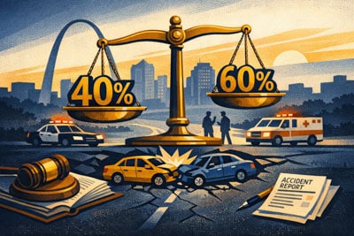 An illustration shows two cars crashed beneath a balance scale displaying “40%” and “60%.” In the background are police, an ambulance, city buildings, and the Gateway Arch. In the foreground are a gavel and an accident report.