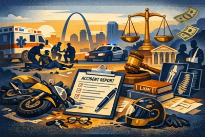 Illustration showing a motorcycle accident scene with an ambulance, police car, injured people, accident report, legal symbols, X-rays, law books, helmet, and city skyline in the background.